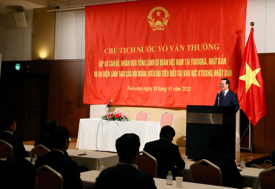 Chủ tịch nước Võ Văn Thưởng phát biểu tại buổi gặp. (Ảnh: Thống Nhất/TTXVN)