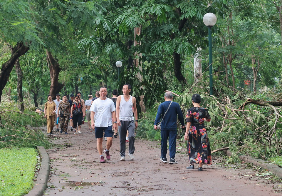 Người dân tập thể dục tại Công viên Thống Nhất sáng 9/9, nơi có rất nhiều cây bị gãy đổ, bật gốc do bão số 3. (Ảnh: Hoàng Hiếu/TTXVN)