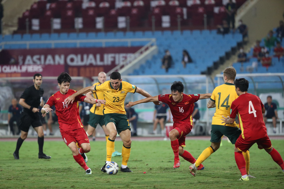 Trận đấu vòng loại World Cup 2022 giữa đội tuyển Việt Nam và Australia trên sân vận động Mỹ Đình, khán giả không được vào sân để đảm bảo phòng chống dịch. (Ảnh: Thành Đạt/TTXVN)