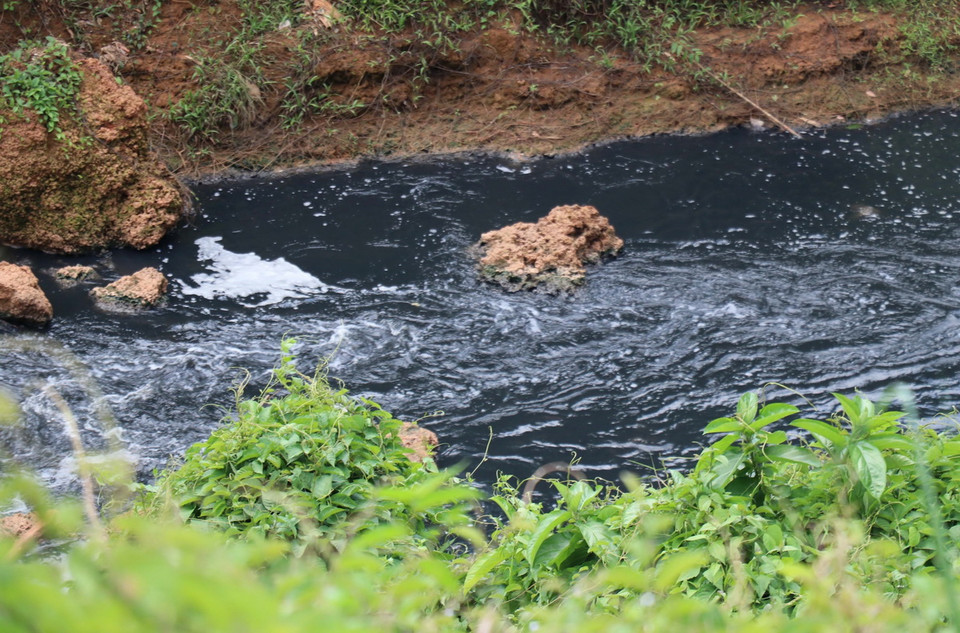 Nước Suối Tân chuyển thành màu đen như mực, đặc quánh, bốc mùi hôi nồng nặc kéo dài hàng chục cây số. (Ảnh: Đậu Tất Thành/TTXVN)