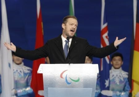 Chủ tịch Ủy ban Paralympic quốc tế (IPC) Andrew Parsons phát biểu trong lễ bế mạc Paralympic mùa Đông Bắc Kinh 2022 tại Sân vận động Quốc gia ở Bắc Kinh, Trung Quốc tối 13/3. (Ảnh: THX/TTXVN)