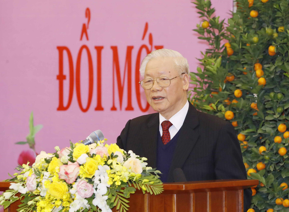 Tổng Bí thư Nguyễn Phú Trọng phát biểu chúc Tết các lãnh đạo, nguyên lãnh đạo Đảng, Nhà nước. (Ảnh: Phương Hoa/TTXVN)