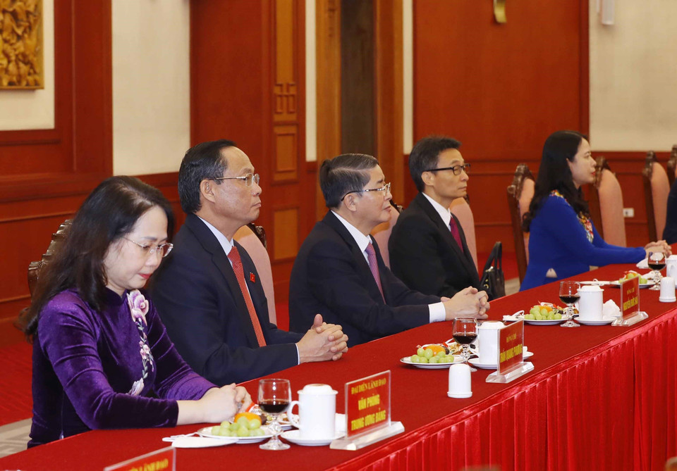 Lãnh đạo Đảng, Nhà nước tại buổi gặp mặt. (Ảnh: Phương Hoa/TTXVN)