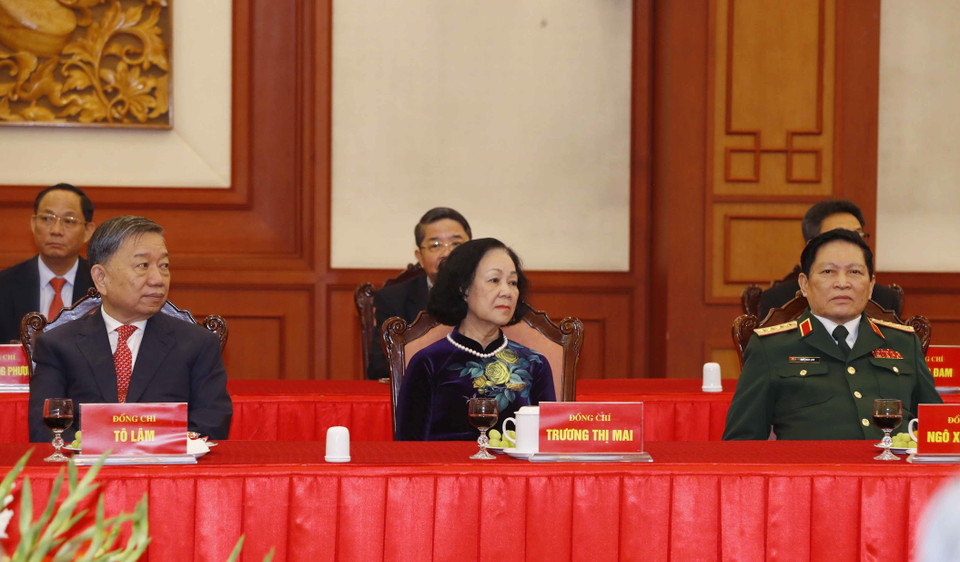 Lãnh đạo Đảng, Nhà nước dự buổi gặp mặt. (Ảnh: Phương Hoa/TXVN)