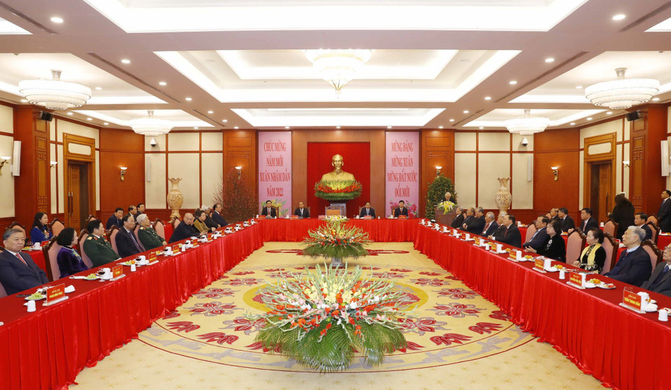 Nhân dịp Xuân Nhâm Dần 2022, sáng 29/1, tại Trụ sở Trung ương Đảng, Tổng Bí thư Nguyễn Phú Trọng chúc Tết các lãnh đạo lão thành cách mạng, các lãnh đạo, nguyên lãnh đạo Đảng, Nhà nước, Mặt trận Tổ quốc Việt Nam, các bộ lãnh đạo một số cơ quan Trung ương và Hà Nội. (Ảnh: Phương Hoa/TTXVN)
