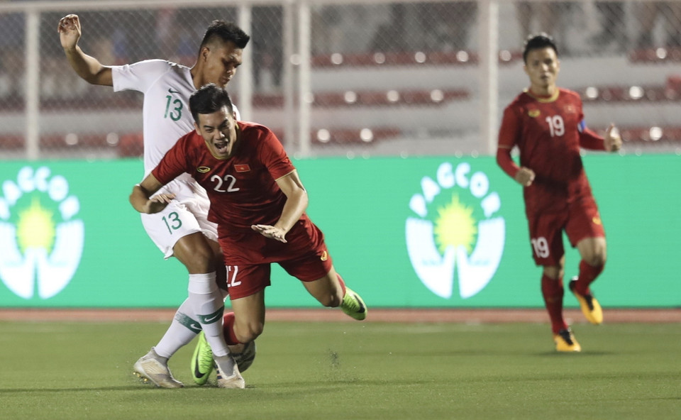 Pha bóng tốc độ của Tiến Linh trong trận U22 Việt Nam thắng U22 Indonesia 2-1. (Ảnh: TTXVN)
