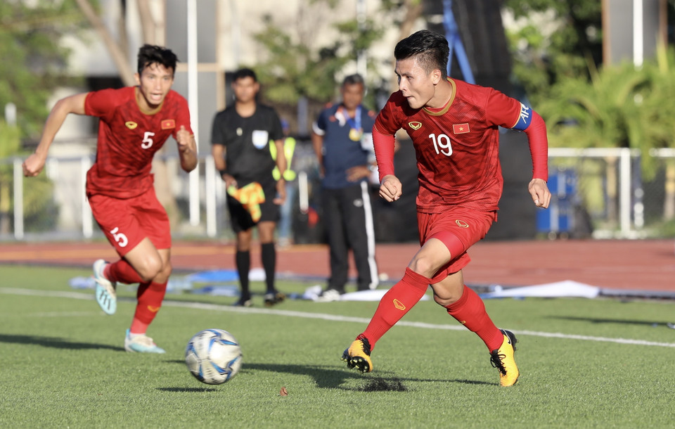 U22 Việt Nam gặp U22 Lào. (Ảnh: TTXVN)