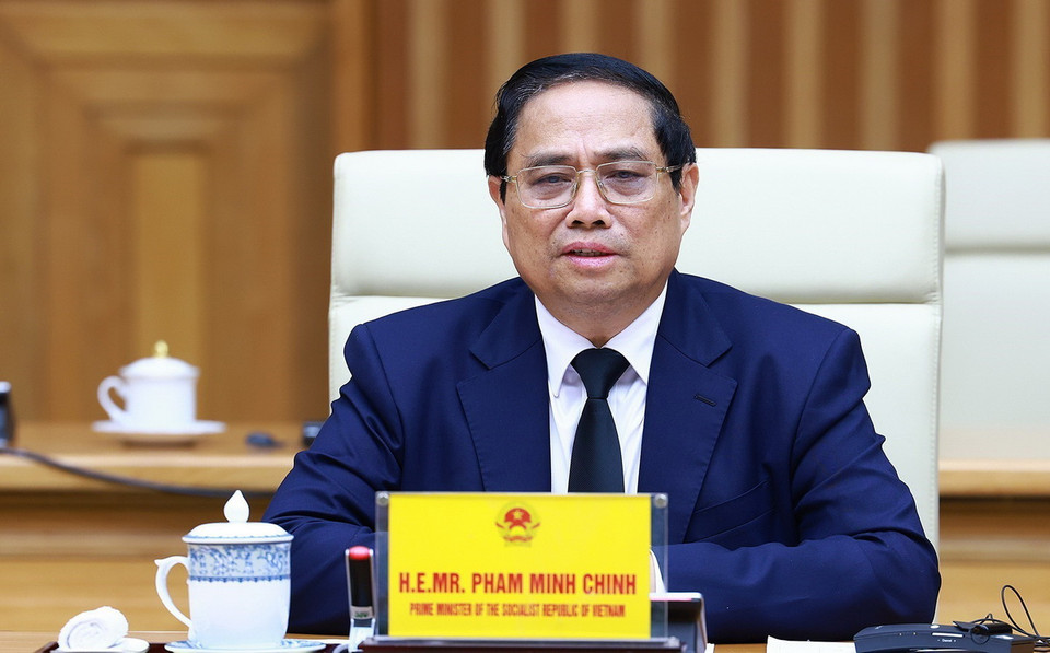 Thủ tướng Phạm Minh Chính phát biểu tại cuộc tiếp Chủ tịch Quốc hội Cuba Esteban Lazo Hernandez. (Ảnh: Dương Giang/TTXVN)