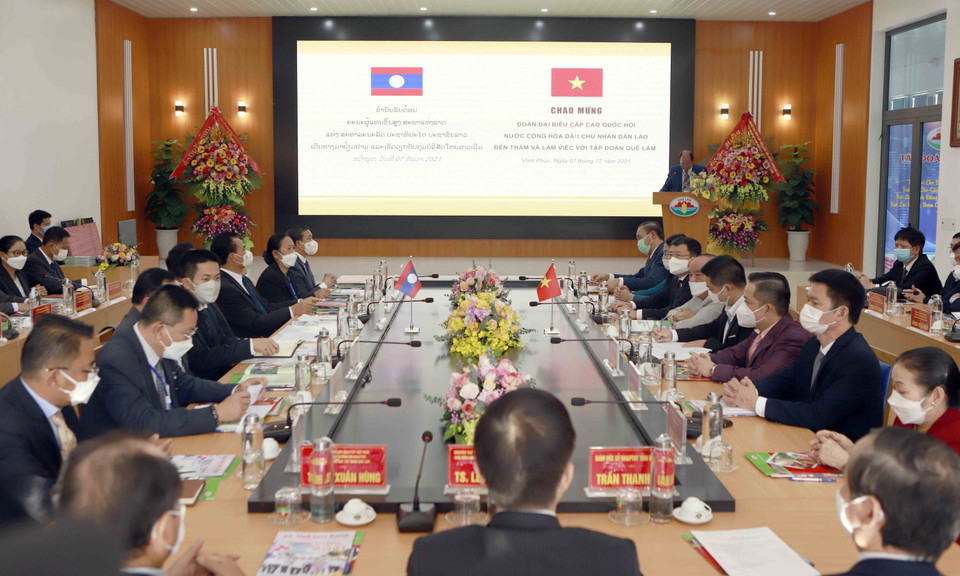 Đoàn đại biểu cấp cao Quốc hội Lào (bên trái) có buổi làm việc với Tập đoàn Quế Lâm. (Ảnh: Hoàng Hùng/TTXVN)