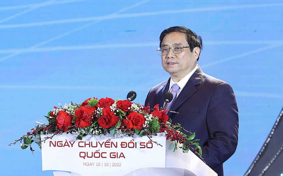 Thủ tướng Phạm Minh Chính gửi Thông điệp nhân Ngày Chuyển đổi số quốc gia năm 2022. (Ảnh: Dương Giang-TTXVN)