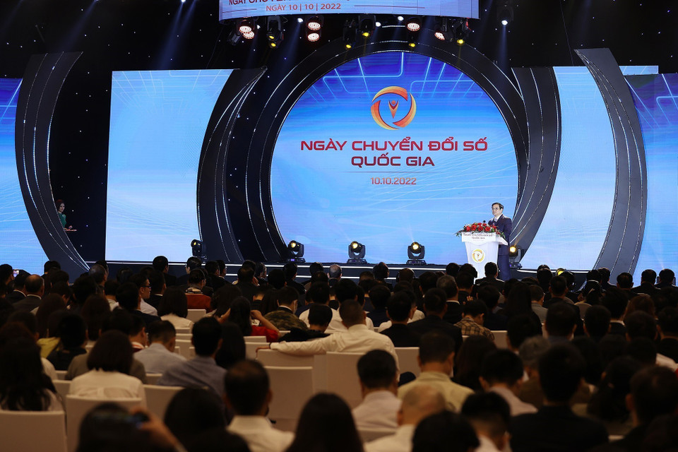 Thủ tướng Phạm Minh Chính gửi Thông điệp nhân Ngày Chuyển đổi số quốc gia năm 2022. (Ảnh: Dương Giang/TTXVN)