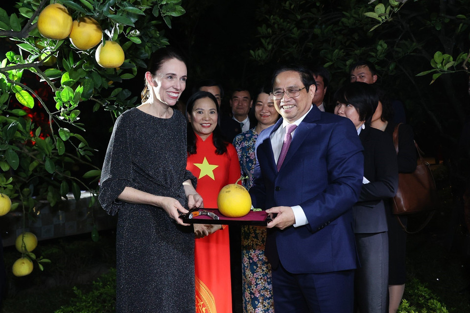 Thủ tướng Phạm Minh Chính tặng Thủ tướng New Zealand Jacinda Ardern trái bưởi từ vườn cây trong Khu Di tích Chủ tịch Hồ Chí Minh tại Phủ Chủ tịch.(Ảnh: Dương Giang/TTXVN)