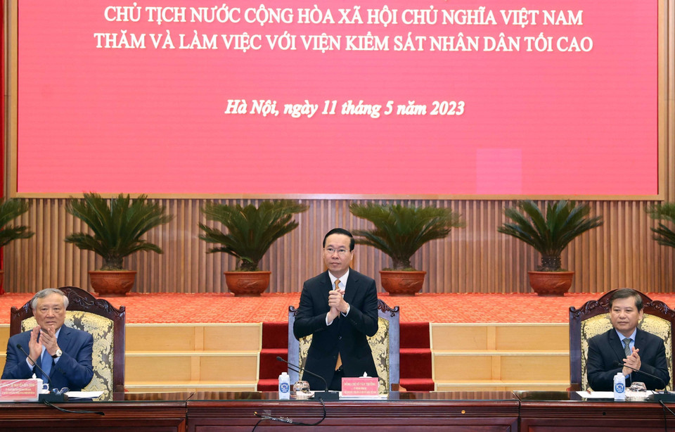 Chủ tịch nước Võ Văn Thưởng làm việc với Viện Kiểm sát Nhân dân Tối cao. (Ảnh: Thống Nhất/TTXVN)