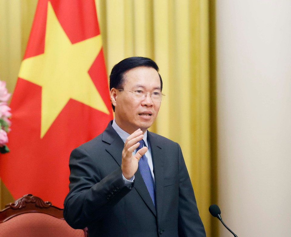 Chủ tịch nước Võ Văn Thưởng phát biểu giao nhiệm vụ cho các Đại sứ, Trưởng Cơ quan đại diện Việt Nam tại nước ngoài nhiệm kỳ 2024-2027. (Ảnh: Thống Nhất/TTXVN)