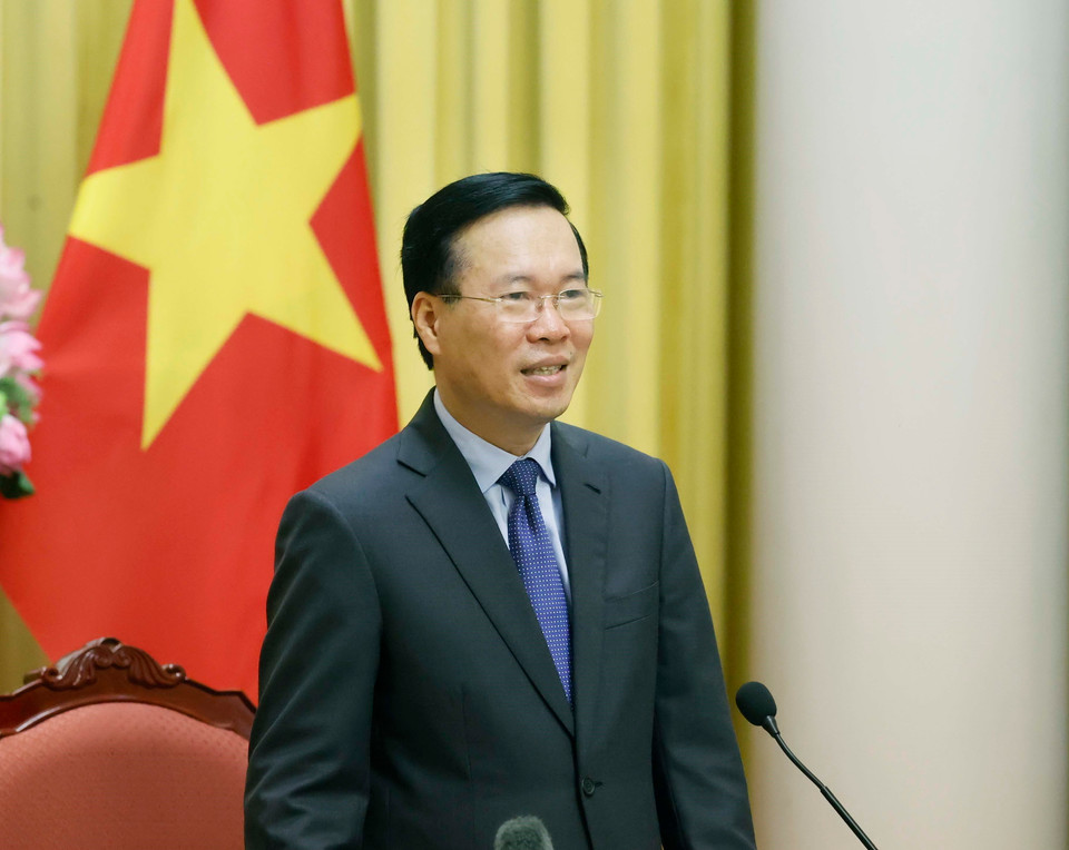 Chủ tịch nước Võ Văn Thưởng phát biểu giao nhiệm vụ cho các Đại sứ, Trưởng Cơ quan đại diện Việt Nam tại nước ngoài nhiệm kỳ 2024-2027. (Ảnh: Thống Nhất/TTXVN)