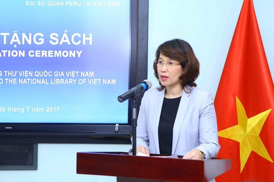 Giám đốc Thư viện Quốc gia Việt Nam Kiều Thúy Nga phát biểu. (Ảnh: Minh Quyết/TTXVN)