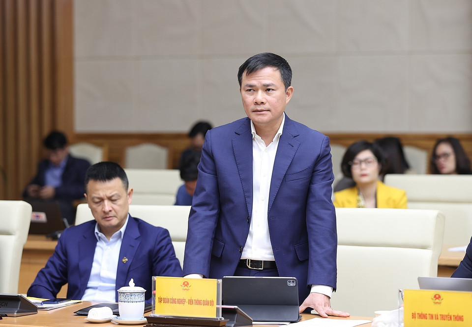 Chủ tịch kiêm Tổng Giám đốc Tập đoàn Công nghiệp-Viễn thông Quân đội (Viettel) Tào Đức Thắng phát biểu. (Ảnh: Dương Giang/TTXVN)