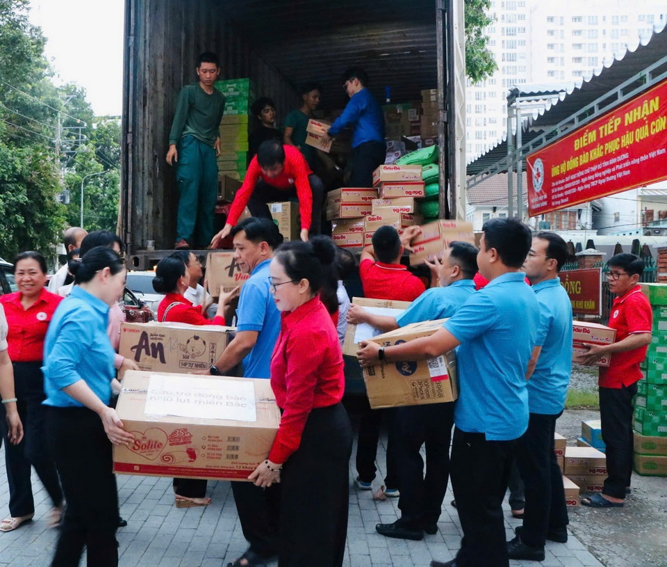 Các mặt hàng cứu trợ nhu yếu phẩm được người dân Bình Dương vận chuyển lên xe chuyển ra miền Bắc để hỗ trợ nhân dân tỉnh Lào Cai bị ảnh hưởng bởi bão lũ. (Ảnh: Dương Chí Tưởng/TTXVN)