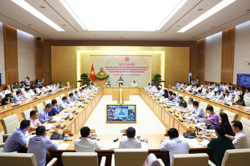 Hội nghị Thường trực Chính phủ với các địa phương về khắc phục hậu quả cơn bão số 3. (Ảnh: Dương Giang/TTXVN)