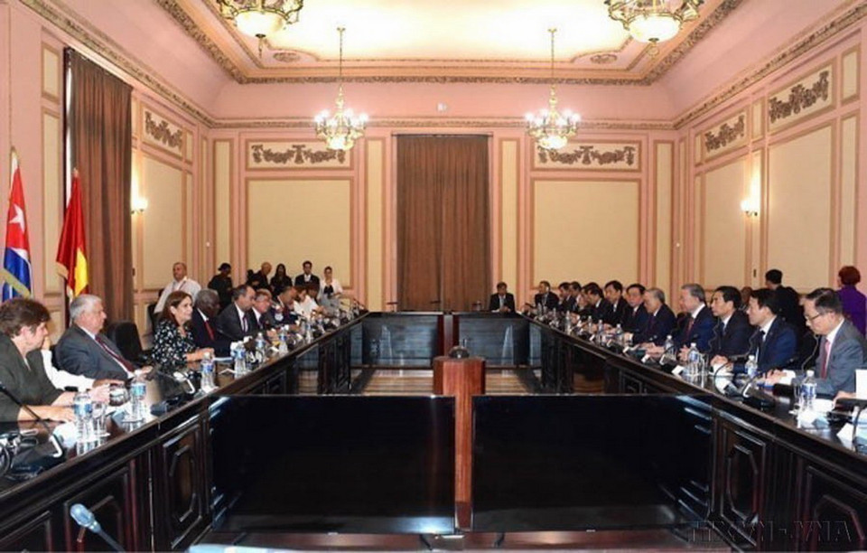 Tổng Bí thư, Chủ tịch nước Tô Lâm hội kiến Chủ tịch Quốc hội Cuba Esteban Lazo Hernández trong chương trình thăm cấp Nhà nước tới Cuba (26/9/2024). (Ảnh: TTXVN)