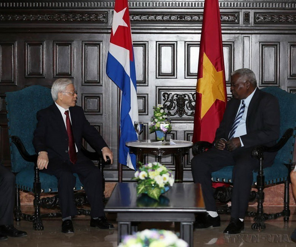 Tổng Bí thư Nguyễn Phú Trọng hội kiến với Chủ tịch Quốc hội Cuba Esteban Lazo Henández trong chuyến thăm cấp Nhà nước Cộng hòa Cuba (29/3/2018). (Ảnh: Trí Dũng/TTXVN)