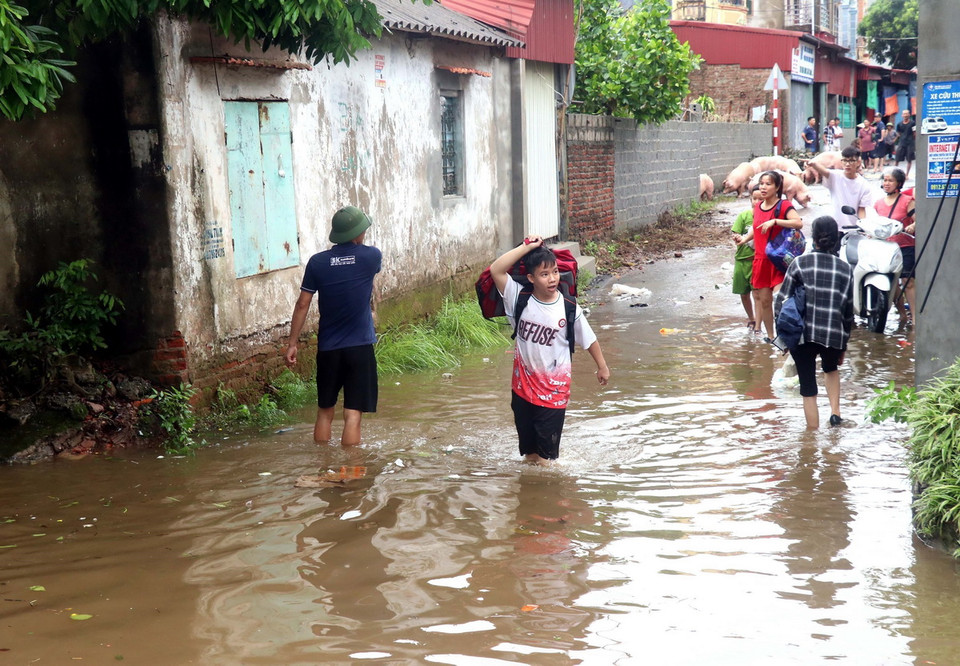Người dân phường Lam Sơn, thành phố Hưng Yên chủ động sơ tán khi nước sông Hồng dâng cao. (Ảnh: Đinh Văn Nhiều/TTXVN)