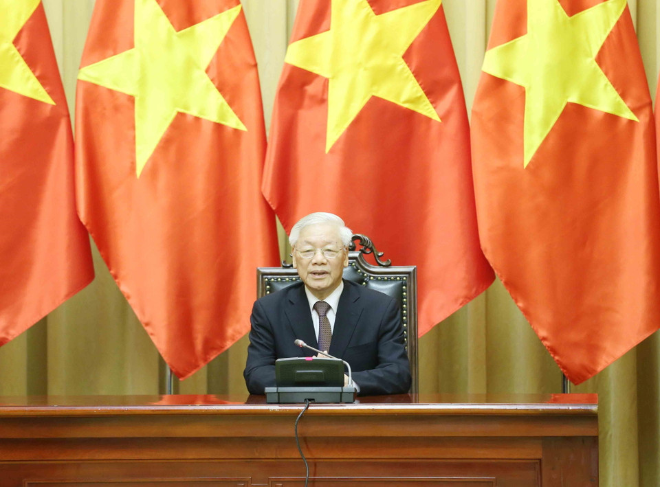 Tổng Bí thư, Chủ tịch nước Nguyễn Phú Trọng phát biểu chúc mừng các Đại sứ nhân dịp nhận nhiệm kỳ công tác tại Việt Nam. (Ảnh: Phương Hoa/TTXVN)