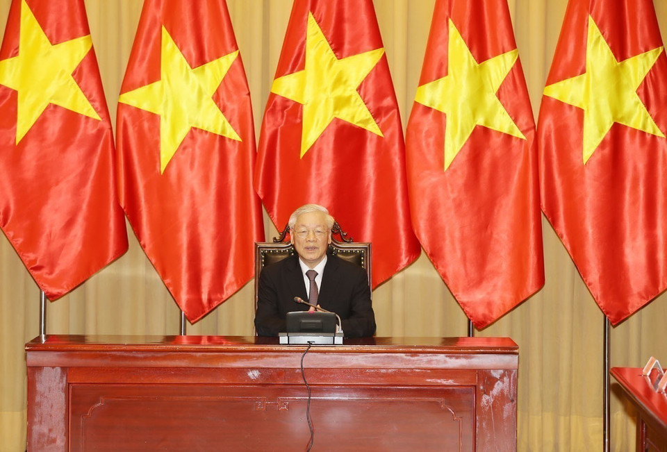 Tổng Bí thư, Chủ tịch nước Nguyễn Phú Trọng phát biểu chúc mừng các Đại sứ nhân dịp nhận nhiệm kỳ công tác tại Việt Nam. (Ảnh: Trí Dũng/TTXVN)