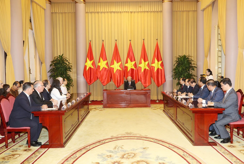 Tổng Bí thư, Chủ tịch nước Nguyễn Phú Trọng phát biểu chúc mừng các Đại sứ nhân dịp nhận nhiệm kỳ công tác tại Việt Nam. (Ảnh: Trí Dũng/TTXVN)