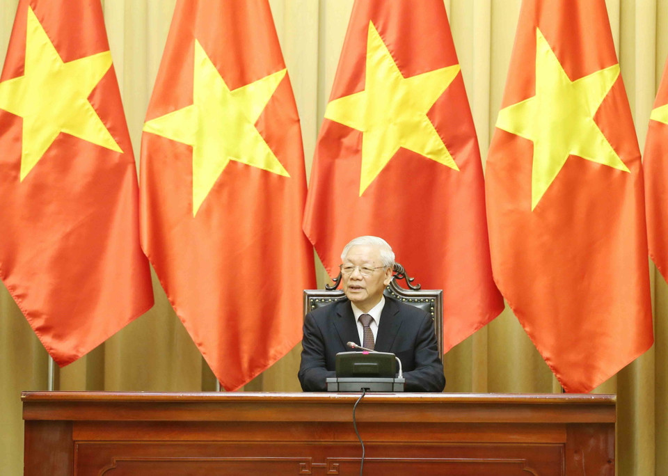 Tổng Bí thư, Chủ tịch nước Nguyễn Phú Trọng phát biểu chúc mừng các Đại sứ nhân dịp nhận nhiệm kỳ công tác tại Việt Nam. (Ảnh: Phương Hoa/TTXVN)