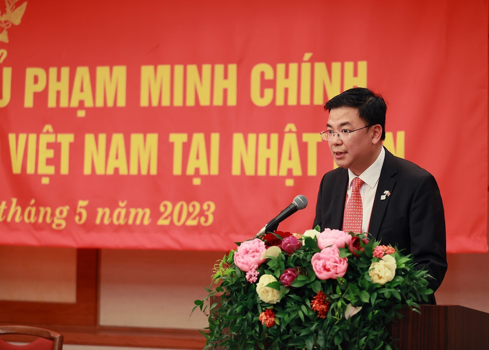 Đại sứ Việt Nam tại Nhật Bản Phạm Quang Hiệu báo cáo tình hình người Việt Nam tại Nhật Bản. (Ảnh: Dương Giang/TTXVN) 