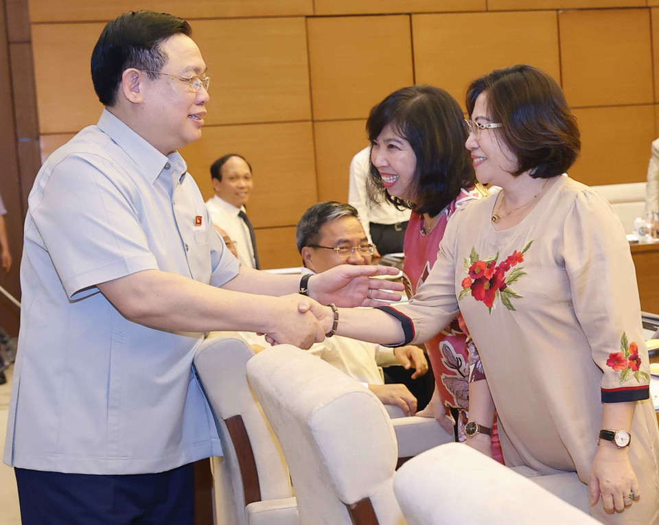 Chủ tịch Quốc hội Vương Đình Huệ với đại biểu tại buổi gặp mặt Hội Quy hoạch và Phát triển Đô thị Việt Nam. (Ảnh: Doãn Tấn/TTXVN)