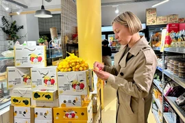 Một khách hàng Pháp nếm thử trái vải thiều đầu tiên của mùa vụ 2025 của Việt Nam. (Ảnh: Nguyễn Thu Hà/TTXVN)