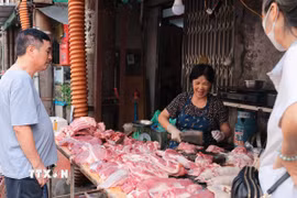 Một quầy thịt lợn trên phố Bạch Đằng (Hà Nội). (Ảnh minh họa: Hoàng Hiếu/TTXVN)