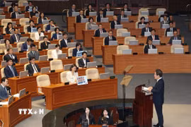Tổng thống Hàn Quốc Lee Jae Myung phát biểu trước Quốc hội tại Thủ đô Seoul ngày 26/6/2025. (Ảnh: Yonhap/TTXVN)