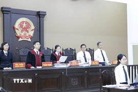 Hội đồng xét xử Tòa án Nhân dân tỉnh Bình Dương thực hiện các thủ tục tại một phiên tòa hồi tháng 10 năm ngoái. (Ảnh: Huyền Trang/TTXVN)