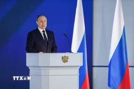 Tổng thống Nga Vladimir Putin phát biểu tại Thủ đô Moskva. (Ảnh: THX/TTXVN)