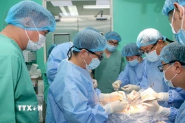 Êkíp thực hiện ca ghép tạng tại Bệnh viện Trung ương Huế. (Ảnh: TTXVN phát)