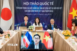Quang cảnh Hội thảo tại đầu cầu tỉnh Fukuoka (Nhật Bản). (Ảnh: Phạm Tuân/TTXVN)