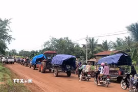 Người dân sơ tán khỏi tỉnh biên giới Oddar Meanchey thuộc Campuchia, sau khi căng thẳng tái diễn tại khu vực biên giới giữa Thái Lan và Campuchia, ngày 24/7/2025. (Ảnh: THX/TTXVN)