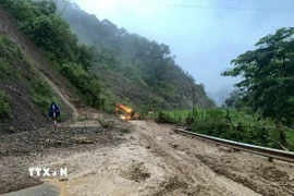 Điểm sạt tại Km113+240, Quốc lộ 12. (Ảnh: TTXVN phát)