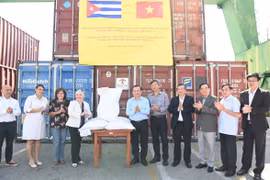 Thứ trưởng Bộ Tài chính Lê Tấn Cận và đoàn công tác tại Lễ bàn giao gạo cho nhân dân Cuba. (Ảnh: Việt Hùng/TTXVN)