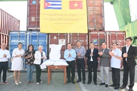 Thứ trưởng Bộ Tài chính Lê Tấn Cận và đoàn công tác tại Lễ bàn giao gạo cho nhân dân Cuba. (Ảnh: Việt Hùng/TTXVN)