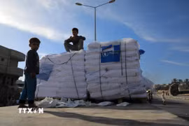 Hàng viện trợ của UNRWA tại Dải Gaza. (Ảnh: THX/TTXVN)