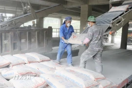 Công nhân bốc xếp ximăng. (Ảnh: Hoàng Nguyên/TTXVN)