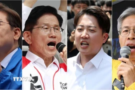 Các ứng viên tranh cử Tổng thống Hàn Quốc (từ trái sang): Lee Jae-myung của đảng Dân chủ Tự do, Kim Moon-soo thuộc đảng Quyền lực Nhân dân, Lee Jun-seok của đảng Cách tân mới và Kwon Young-kook của đảng Công lý. (Ảnh: Yonhap/TTXVN)