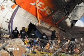 Hiện trường vụ tai nạn máy bay của hãng hàng không Jeju Air tại Muan (Hàn Quốc). (Ảnh: Yonhap/TTXVN)