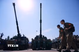 Xe quân sự được trưng bày tại Triển lãm Công nghiệp Quốc phòng quốc tế lần thứ 32 ở thành phố Kielce (Ba Lan) hồi tháng Chín năm ngoái. (Ảnh: THX/TTXVN)