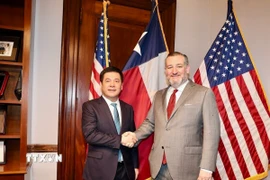 Bộ trưởng Bộ Công Thương, Trưởng đoàn đàm phán Chính phủ Nguyễn Hồng Diên và Thượng nghị sỹ Ted Cruz. (Ảnh: TTXVN phát)