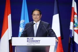 Thủ tướng Phạm Minh Chính phát biểu tại Diễn đàn Tài chính và Kinh tế Xanh của Hội nghị Đại dương Liên hợp quốc lần thứ 3 (UNOC 3). (Ảnh: Dương Giang/TTXVN)